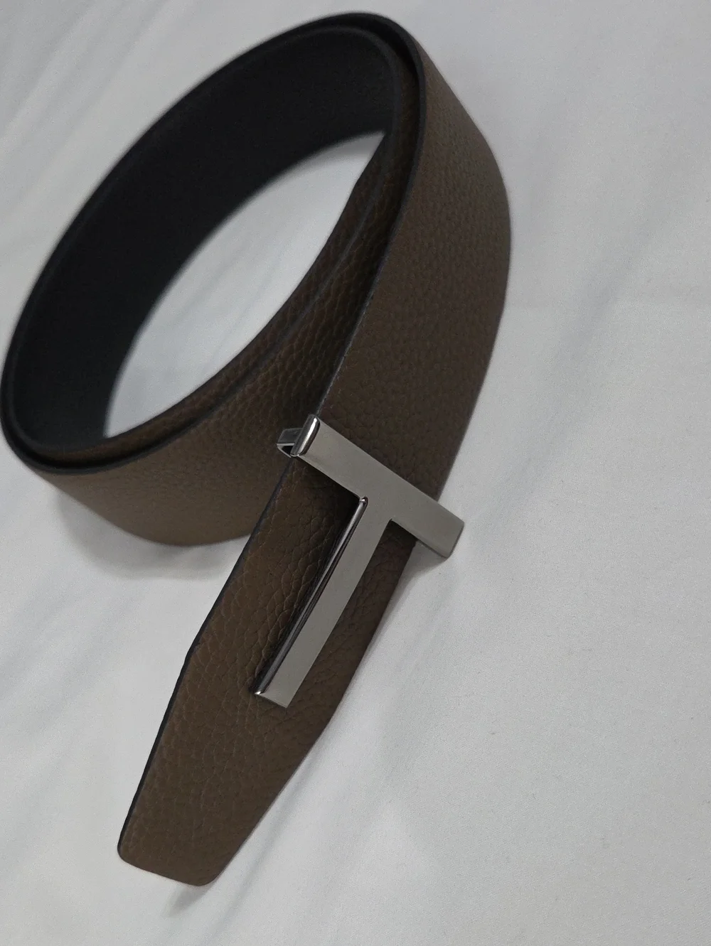 Tom Ford Black Brown Leather Belt with Black Chrome T Buckle